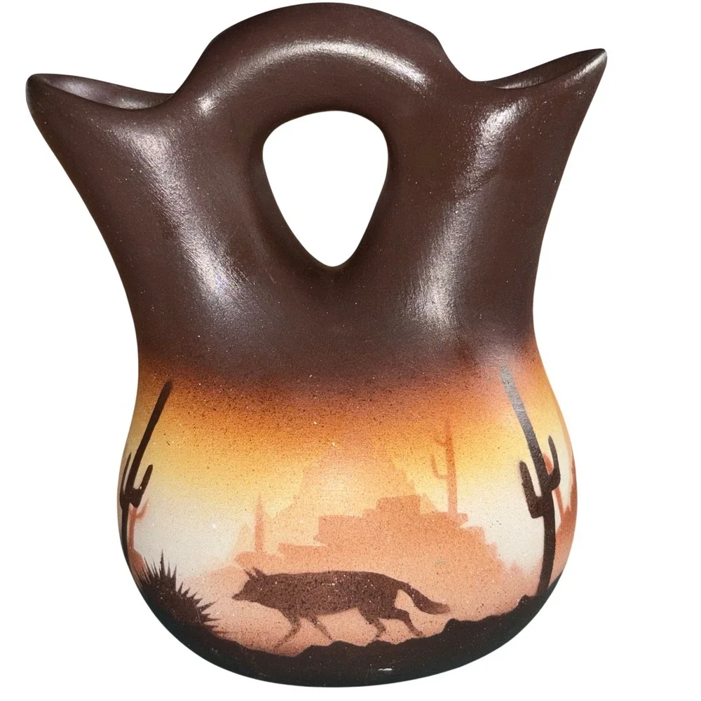 Native American Style Pottery Wedding Vase Southwestern Desert Scene Coyote Moon